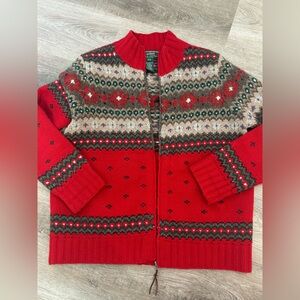 Lauren Ralph Lauren Hand Knit Lambswool Fair Isle Zip Cardigan Sweater SMALL